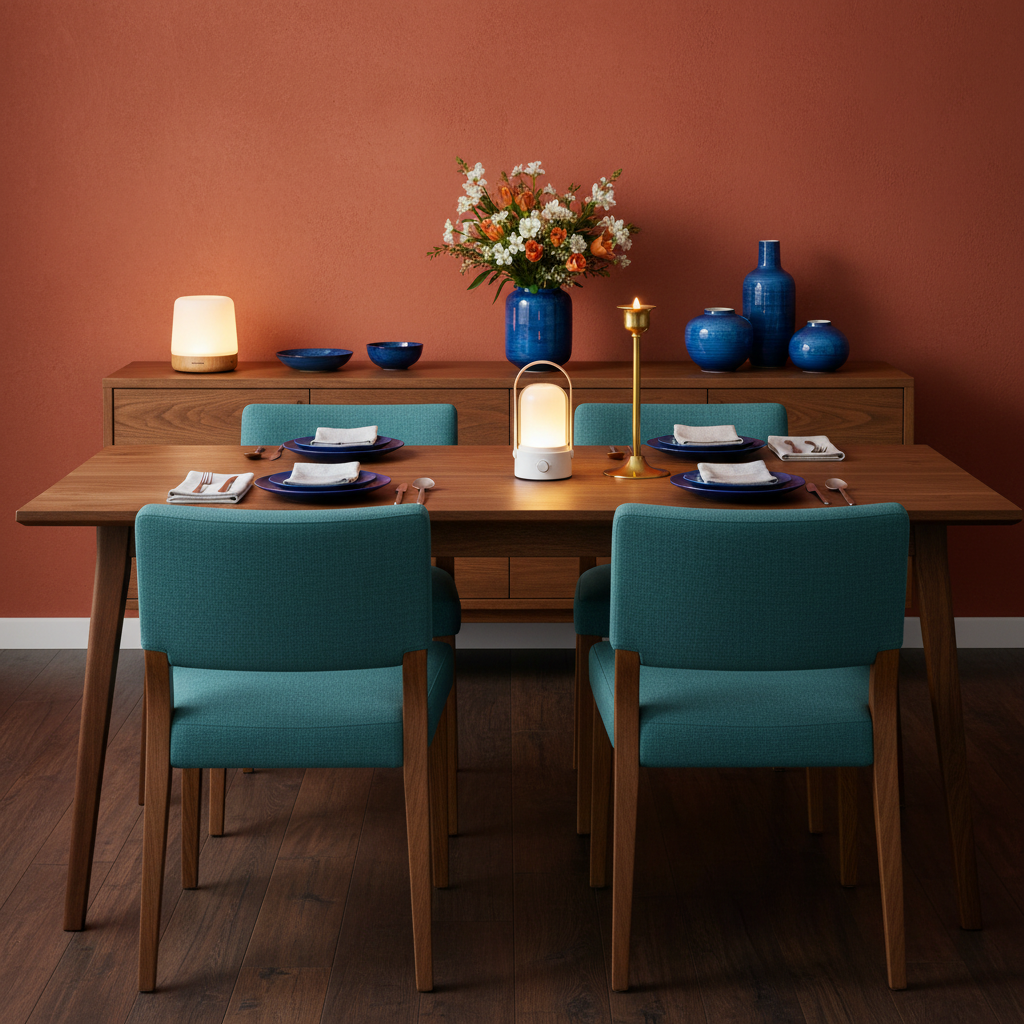 Three portable lamps styled around a colorful dining setting