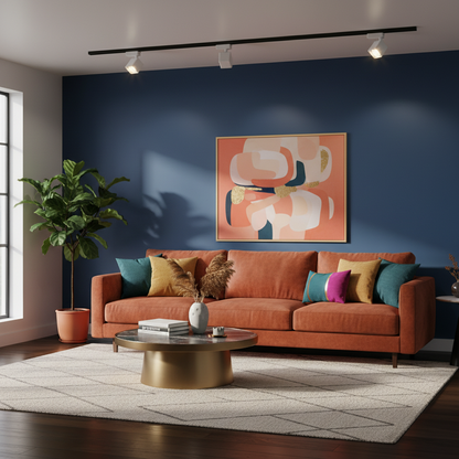 AeroTrack white track spotlight illuminating a colorful modern living room