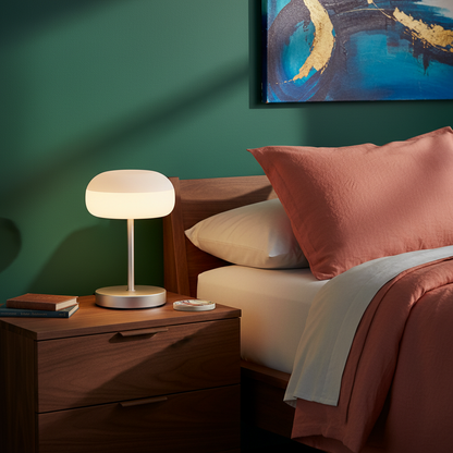 Luna silver table lamp with frosted dome shade on a colorful bedroom nightstand