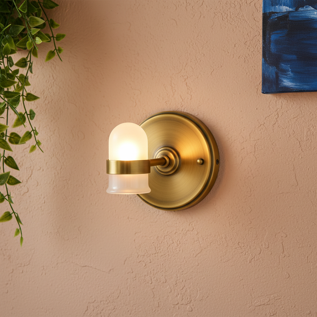 Close-up of the Halo brass wall plate, arm, ring holder, and frosted glass shade