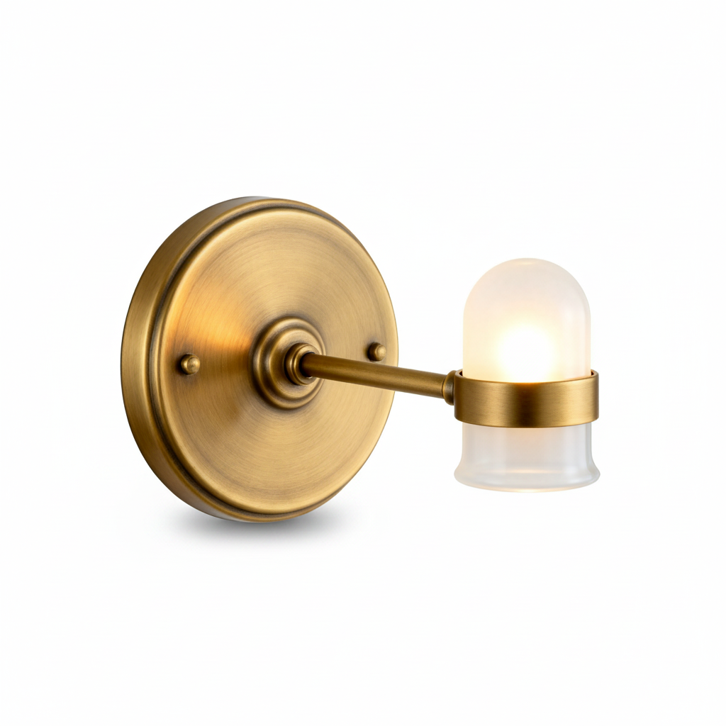 Halo antique brass wall sconce with frosted cylindrical glass shade on a white background