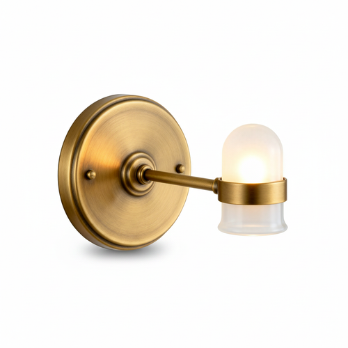 Halo antique brass wall sconce with frosted cylindrical glass shade on a white background