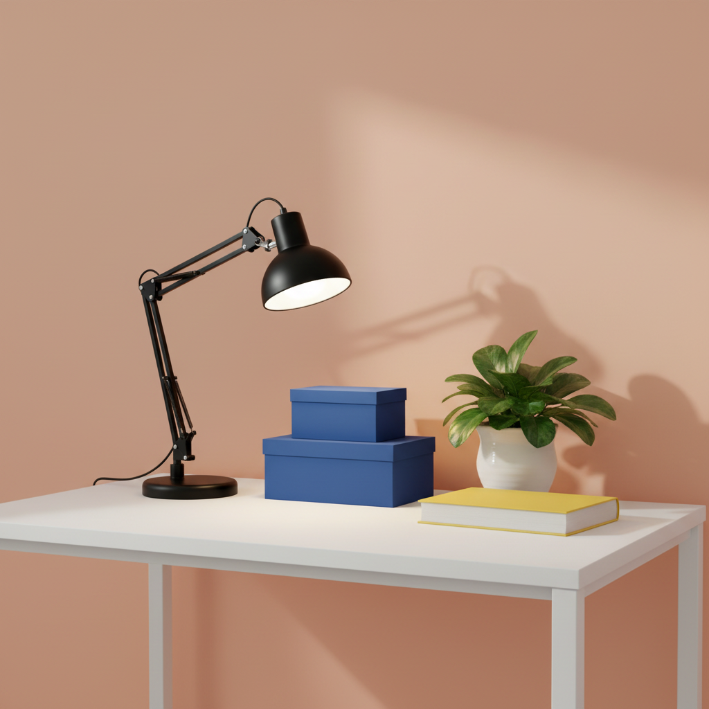 Pivot Arc black adjustable task lamp on a colorful minimalist desk