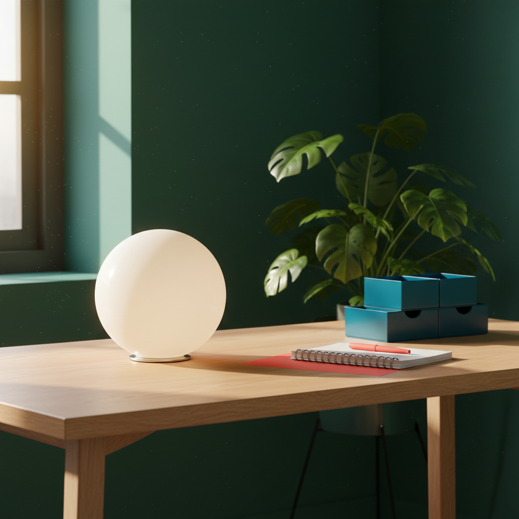Orbelle white globe table lamp on a colorful home office desk