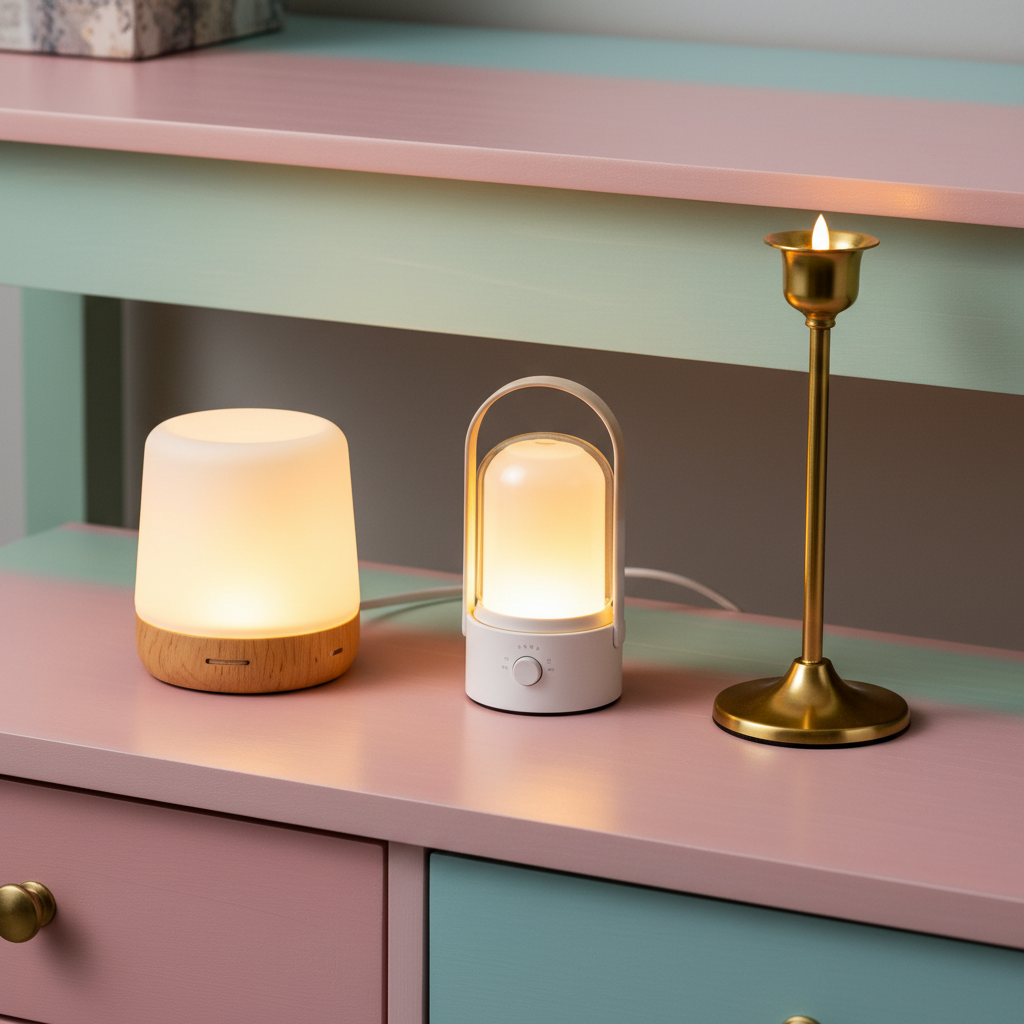 Close-up detail of three distinct portable lamp designs on a colorful console