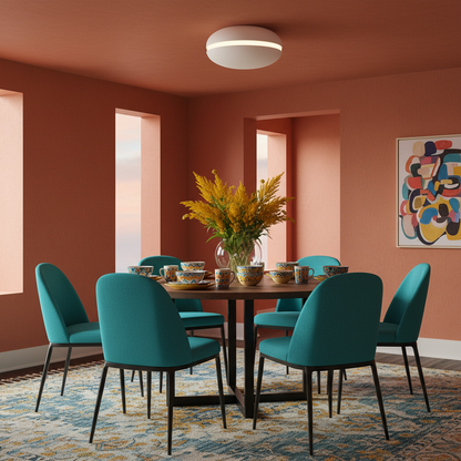 HaloDisc round flush ceiling lamp above a colorful dining room