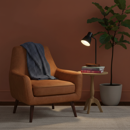 Cedar Arc warm black desk lamp with wood base in a colorful reading corner