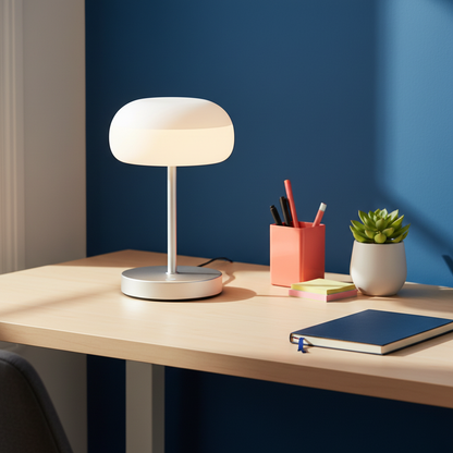 Luna silver dome table lamp on a colorful modern home office desk