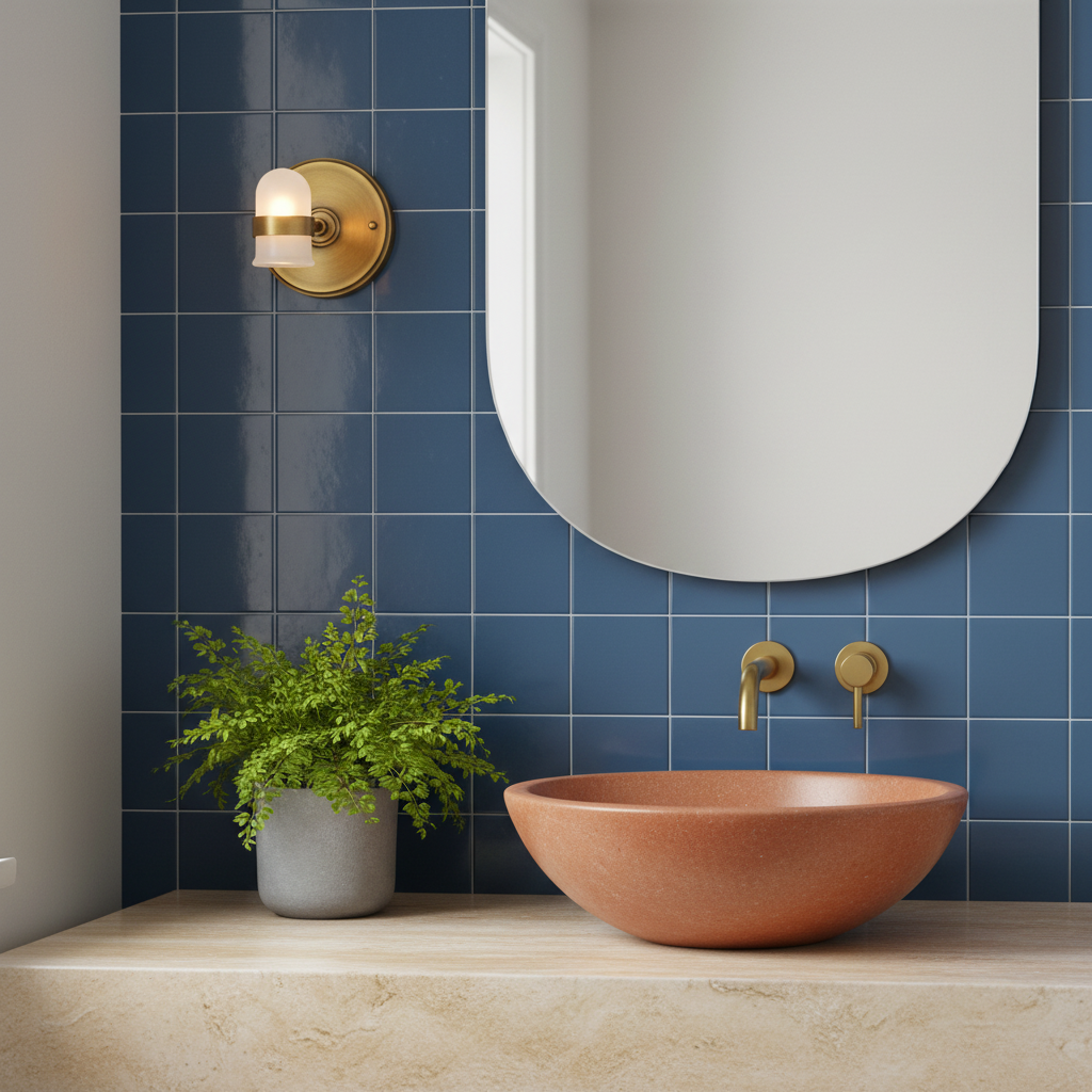 Halo antique brass wall light with frosted glass beside a colorful bathroom mirror