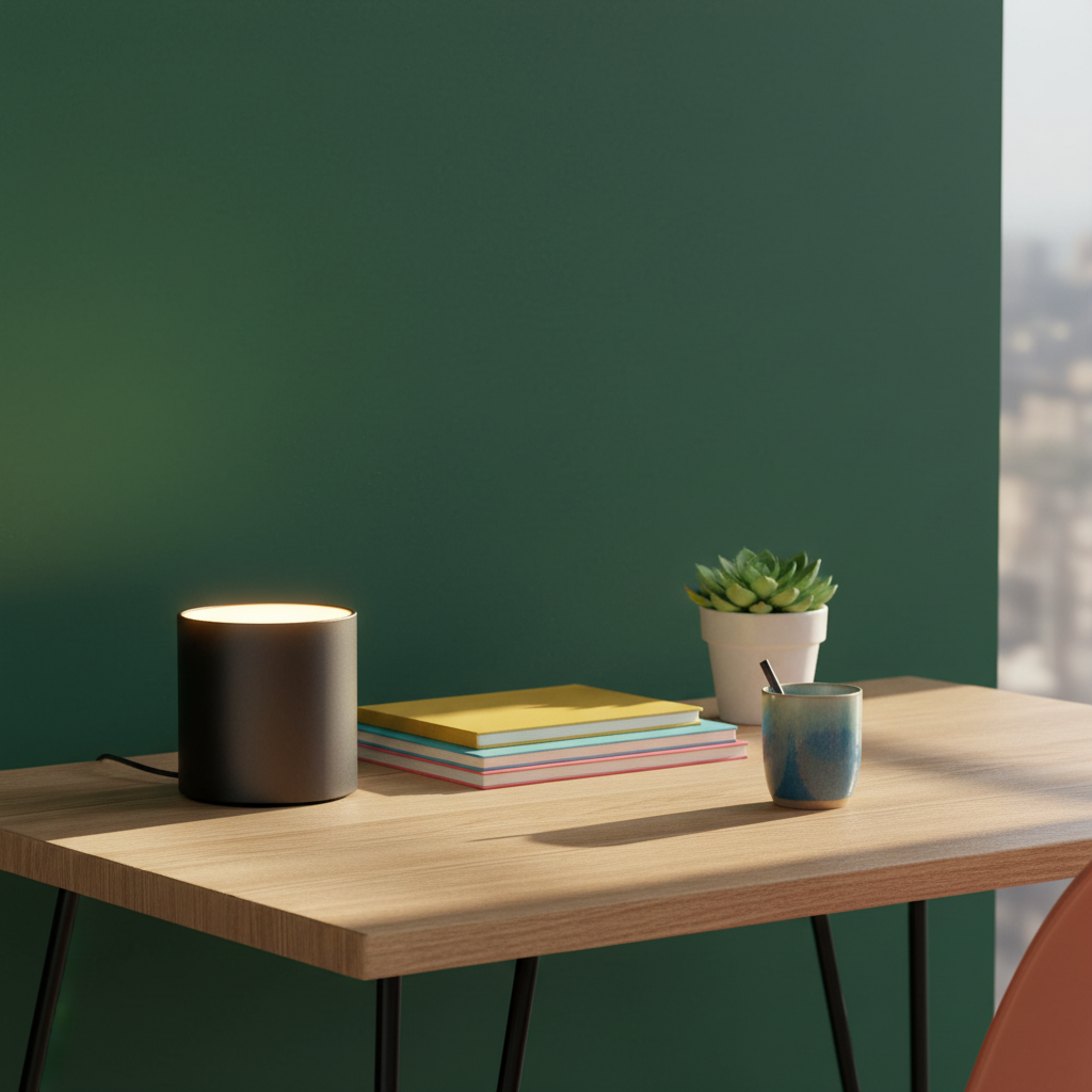 Noir Halo black cylindrical ambient lamp on a colorful modern home office desk