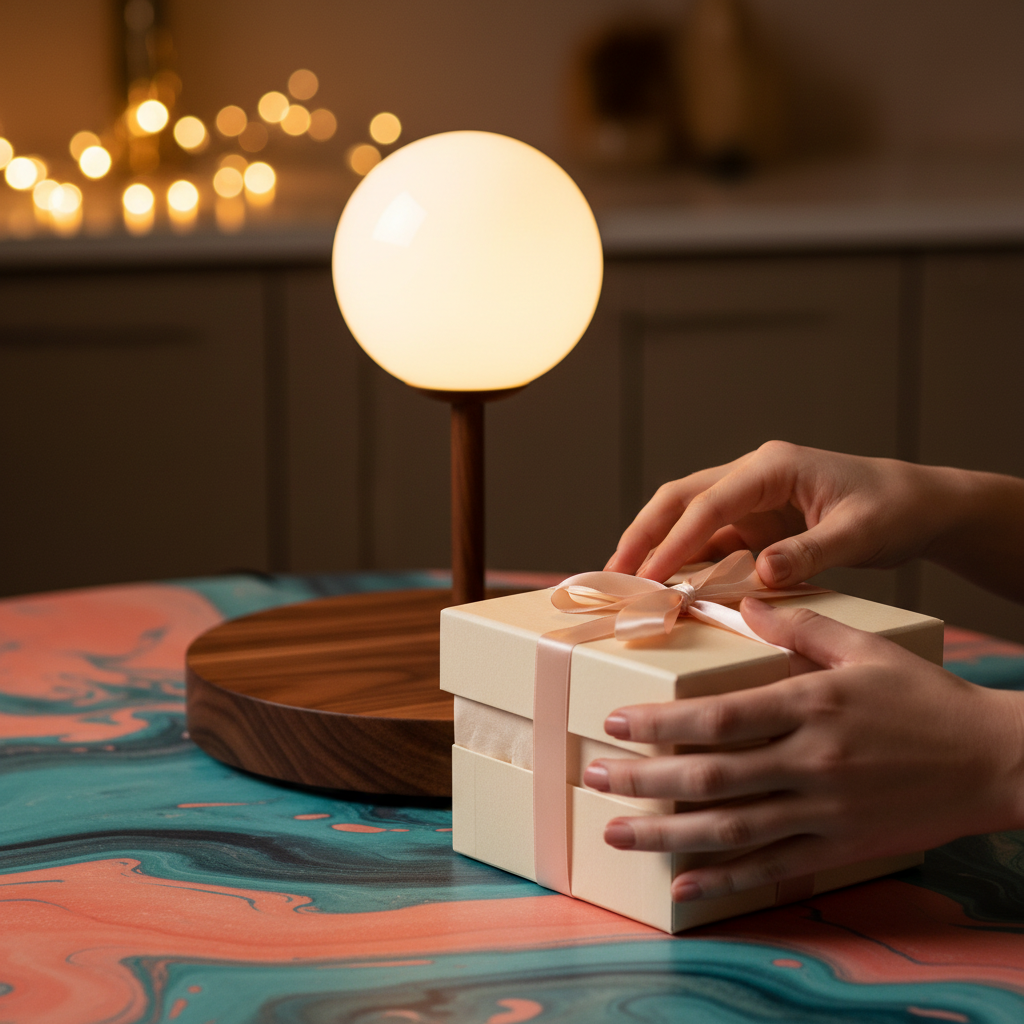 Hands opening a gift box containing the walnut-tone orb table lamp