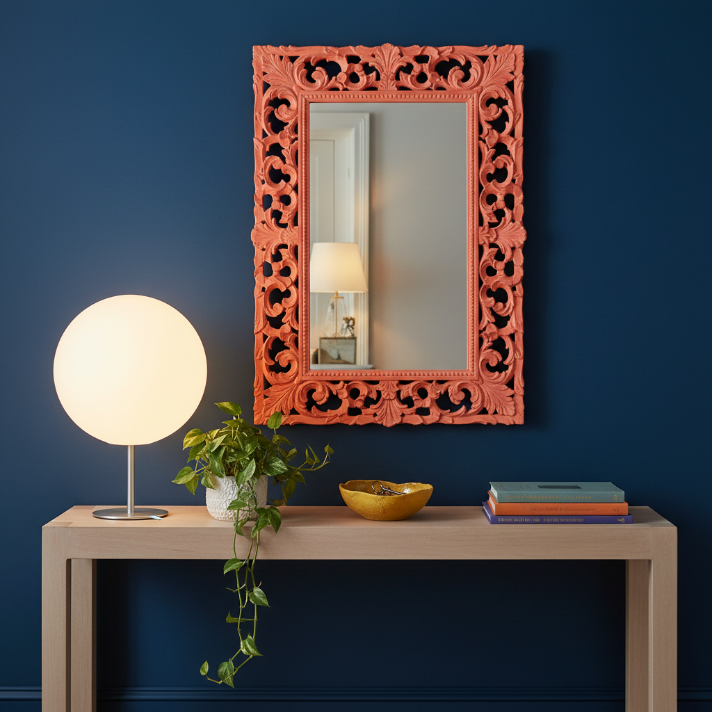 Orbelle white sphere lamp with silver base on a colorful entryway console
