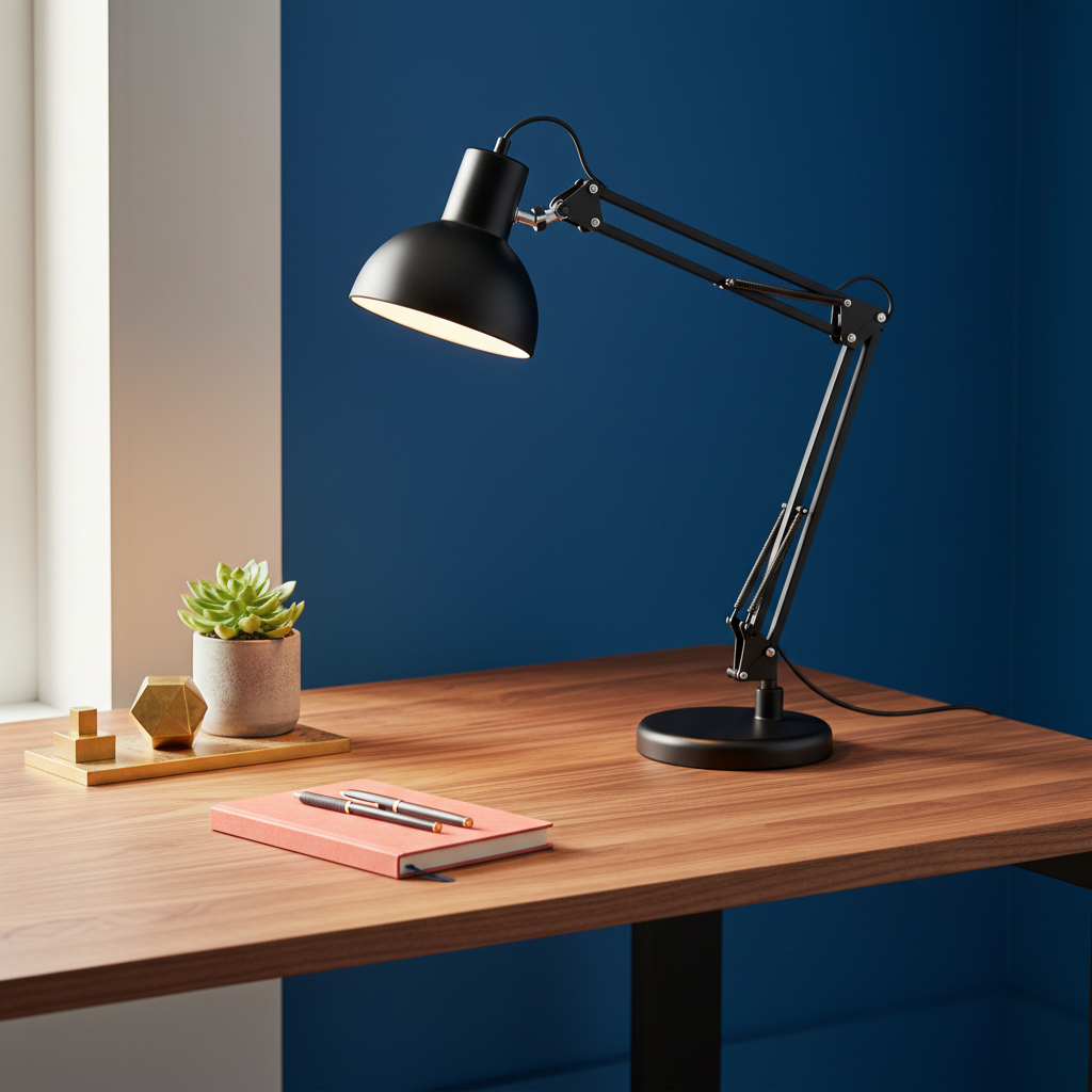 Pivot Arc black articulated desk lamp on a colorful home office desk