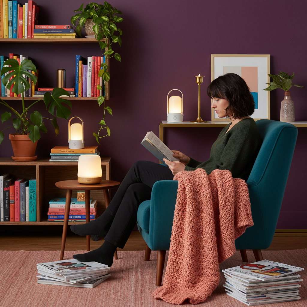 Person reading in a colorful room with three portable lamps styled nearby