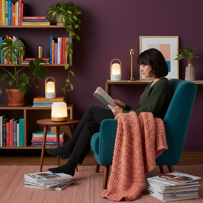 Person reading in a colorful room with three portable lamps styled nearby