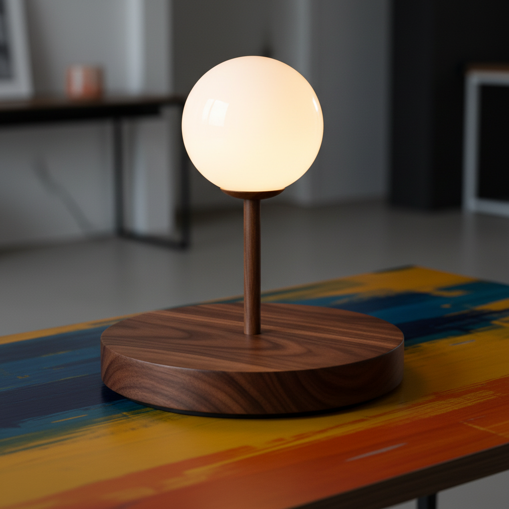 Close-up detail of the glowing white globe and walnut-look circular base