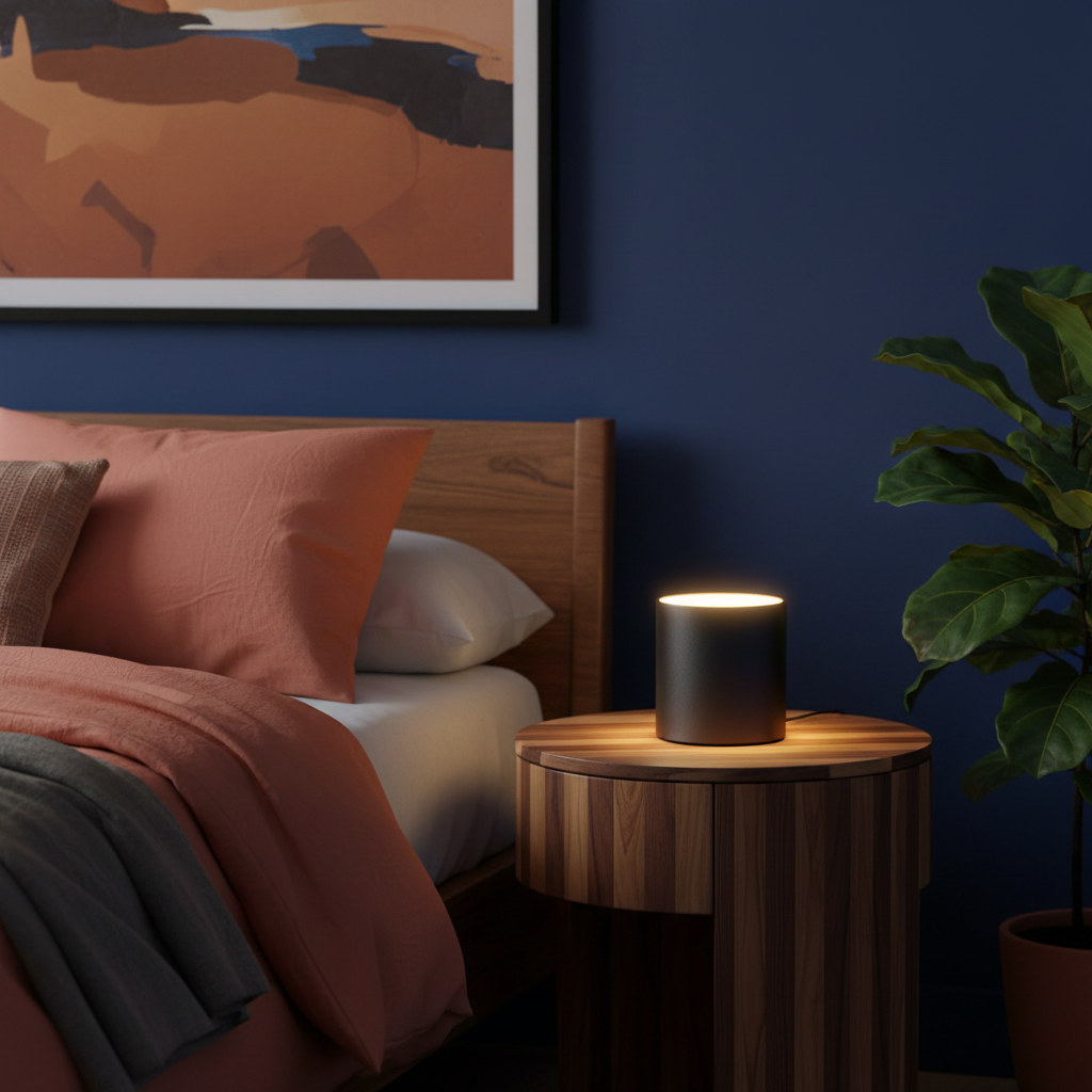 Noir Halo black cylindrical table lamp glowing on a colorful bedside table