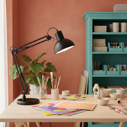 Pivot Arc adjustable black desk lamp in a colorful creative studio