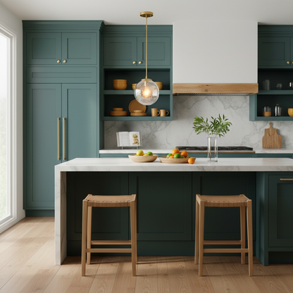 Aurelia crackled glass pendant light above a colorful kitchen island