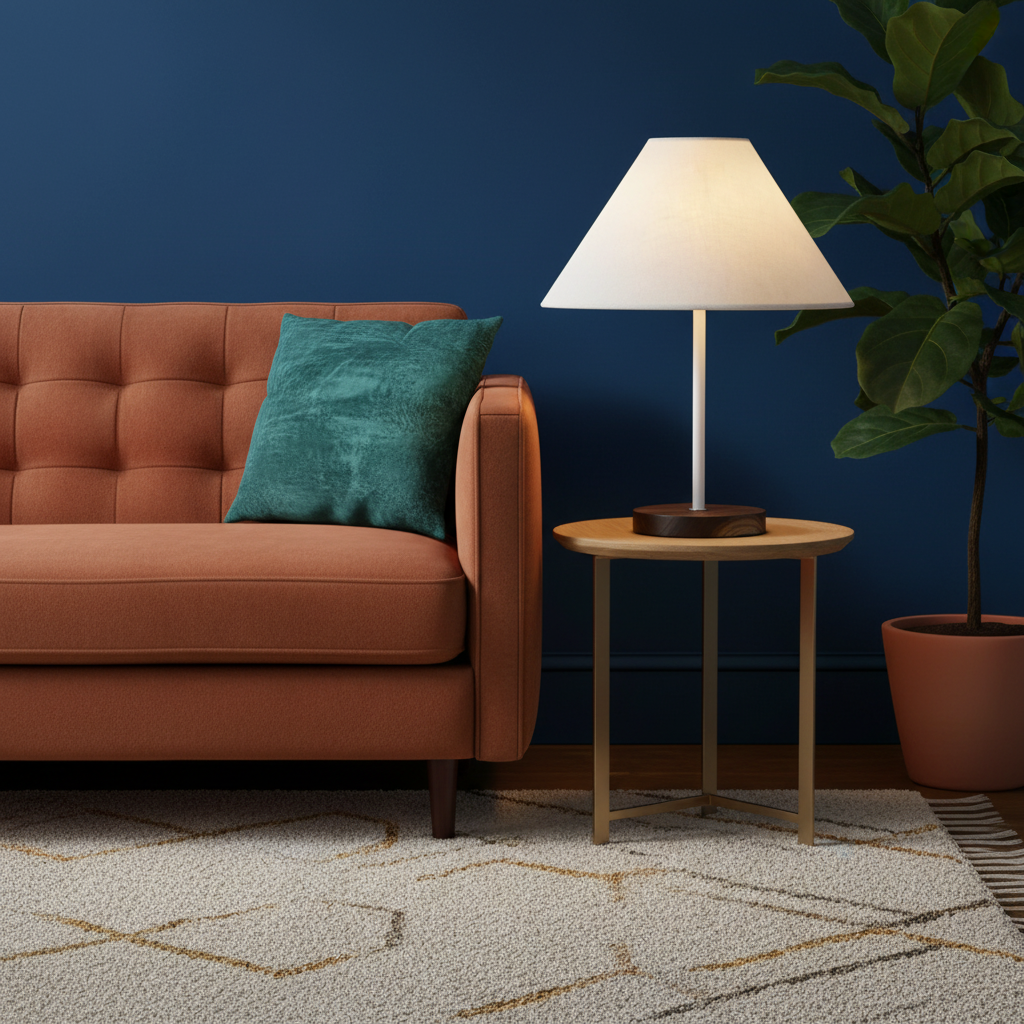 Arden white shade and dark wood base table lamp in a colorful living room