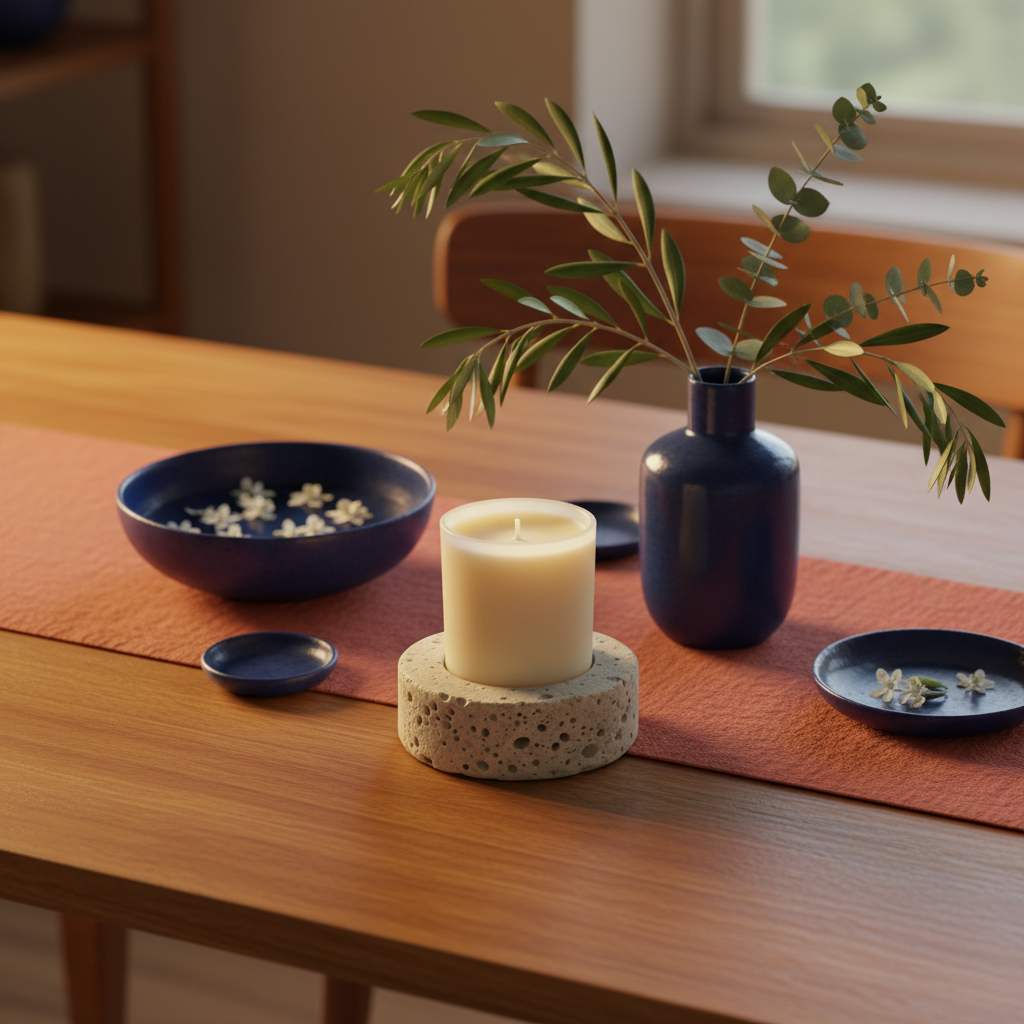 Porous stone candle holder styled as a colorful dining table centerpiece