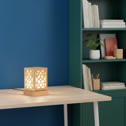 Luma geometric wood lamp styled on a colorful home office desk