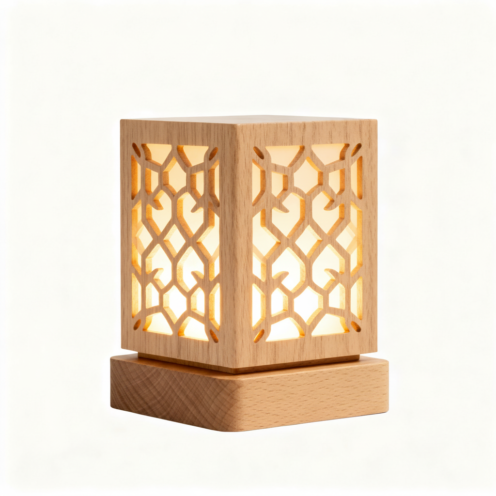 Luma light wood geometric lattice table lamp glowing on a white background