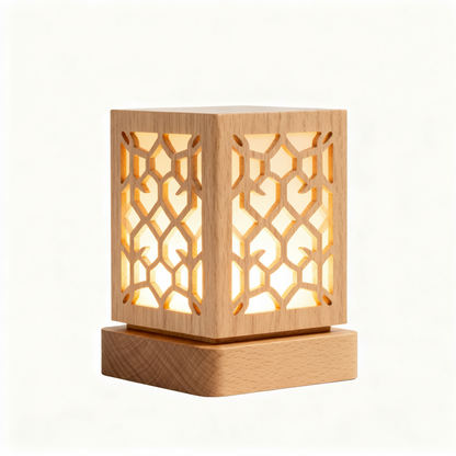Luma light wood geometric lattice table lamp glowing on a white background