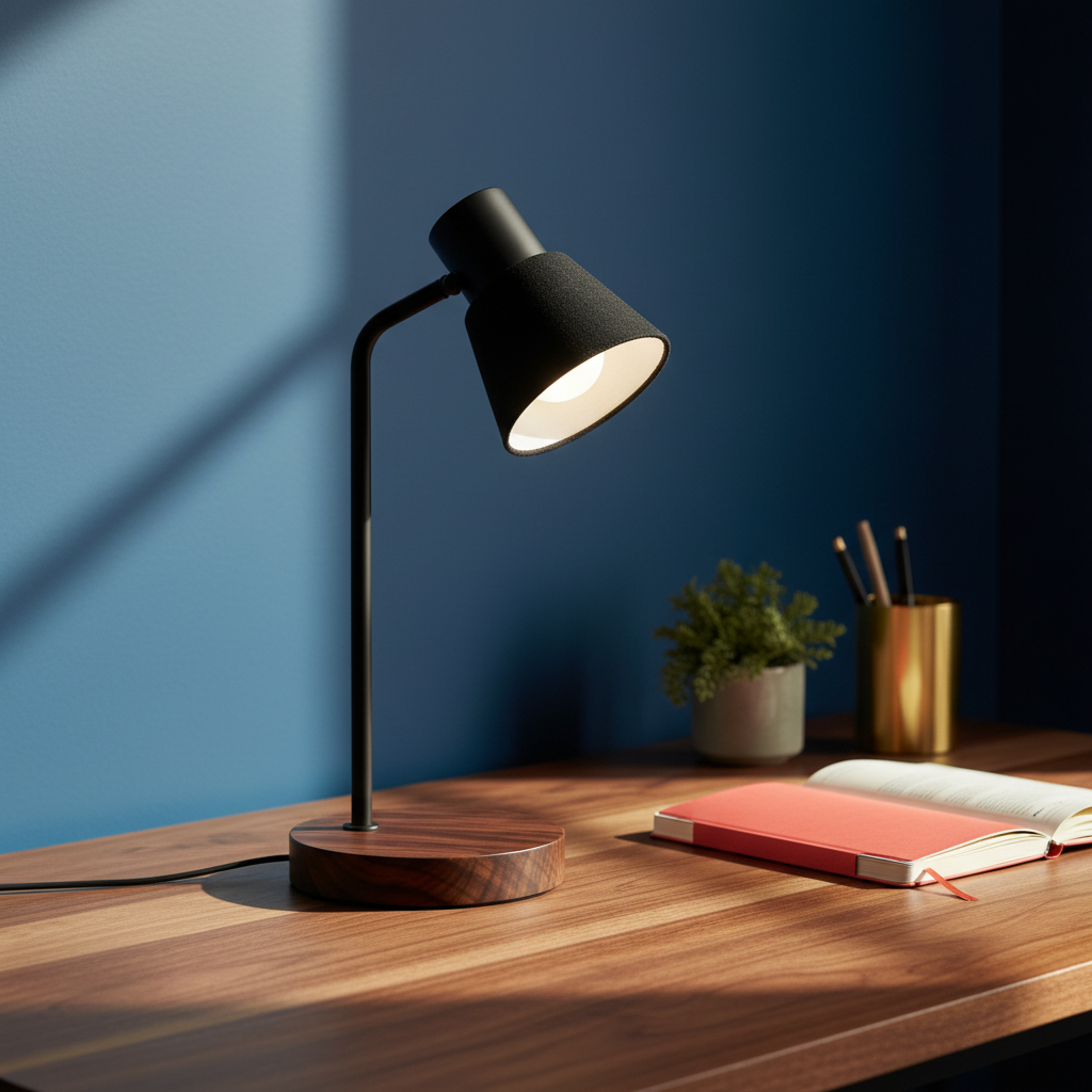 Cedar Arc black and walnut desk lamp on a colorful home office desk
