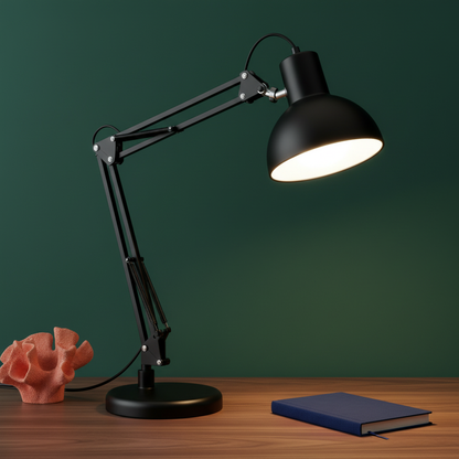 Close-up of the Pivot Arc matte black desk lamp showing springs, pivots, and shade