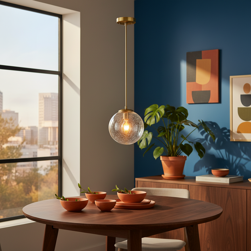 Aurelia crackled glass globe pendant light above a colorful modern dining table